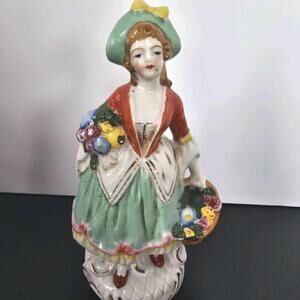 Victorian Colonial Woman Basket Flowers Porcelain Figurine Occupied Japan VTG